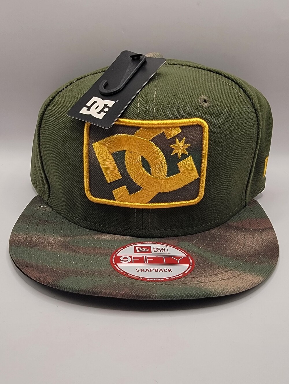 DC Olive Green Snapback Hat with Camouflage Brim